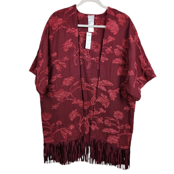 Chico's Sweaters - Chico's Chenille Floral Jacquard Fringe Red Ruana Shawl NWT Womens Size S/M